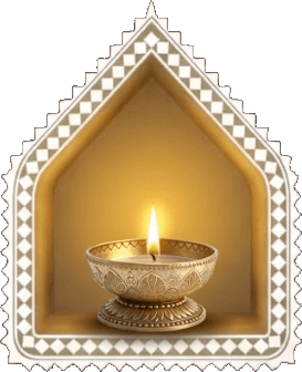 Sacred Golden Brass Diya in illuminated temple niche