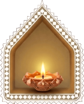 Sacred Rangoli Diya adorned with ornate patterns in illuminated temple niche